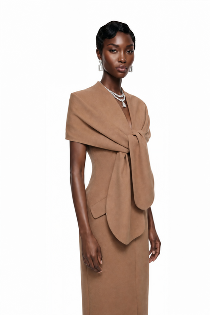 Fahire Brown Plunge Neck Midi Dress with Self-Tie