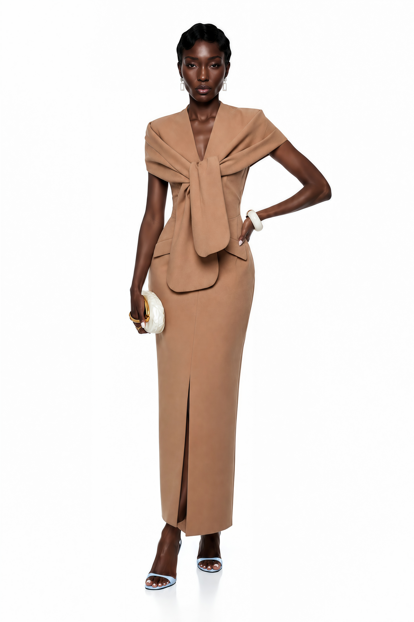 Fahire Brown Plunge Neck Midi Dress with Self-Tie