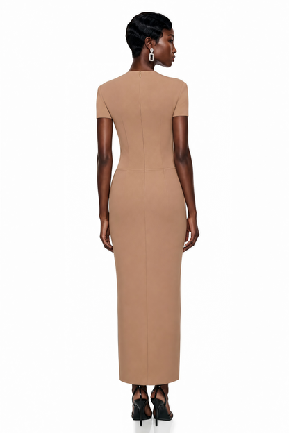 Fahire Brown Plunge Neck Midi Dress with Self-Tie