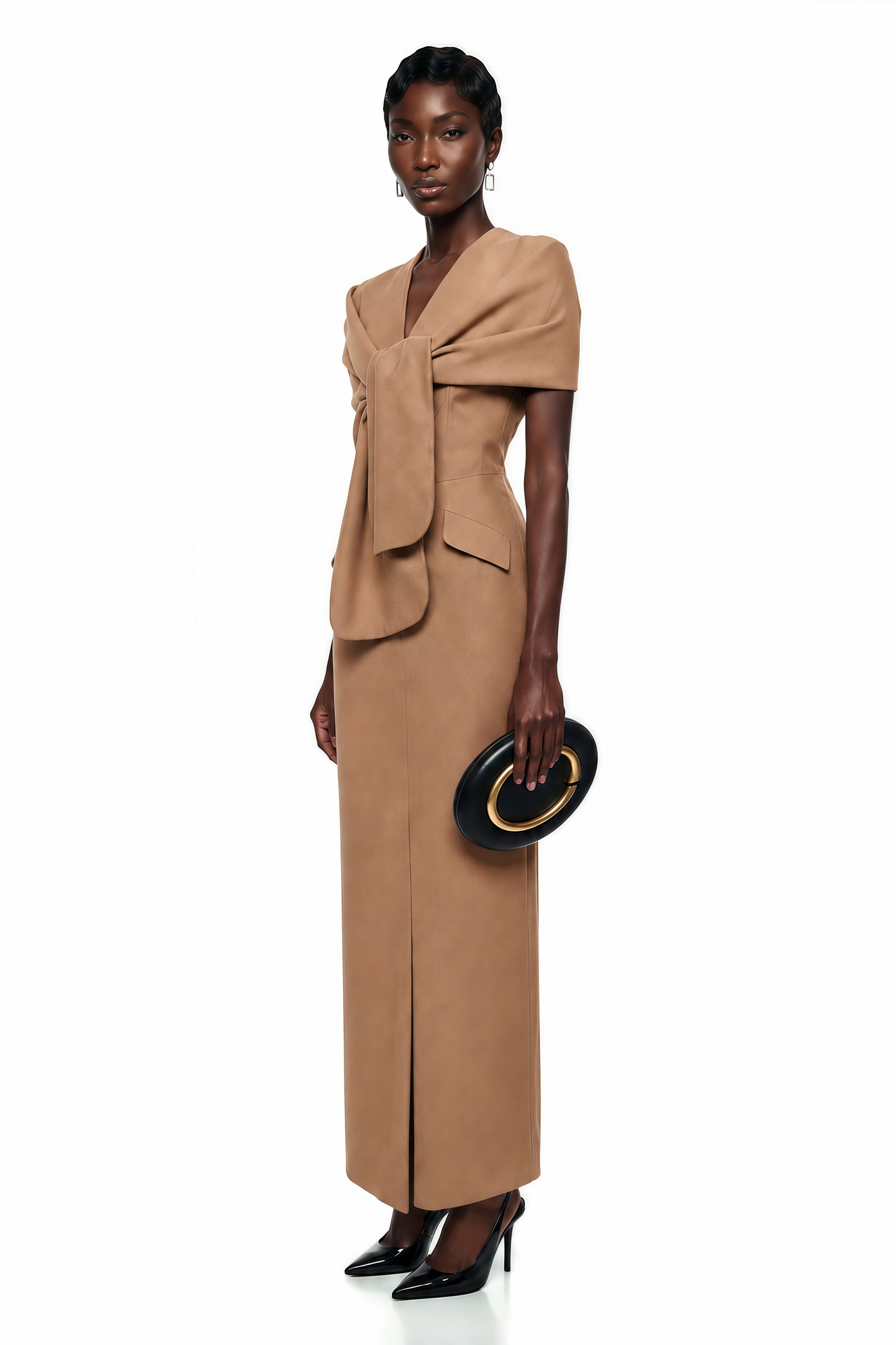 Fahire Brown Plunge Neck Midi Dress with Self-Tie