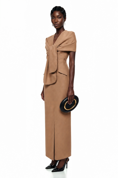 Fahire Brown Plunge Neck Midi Dress with Self-Tie