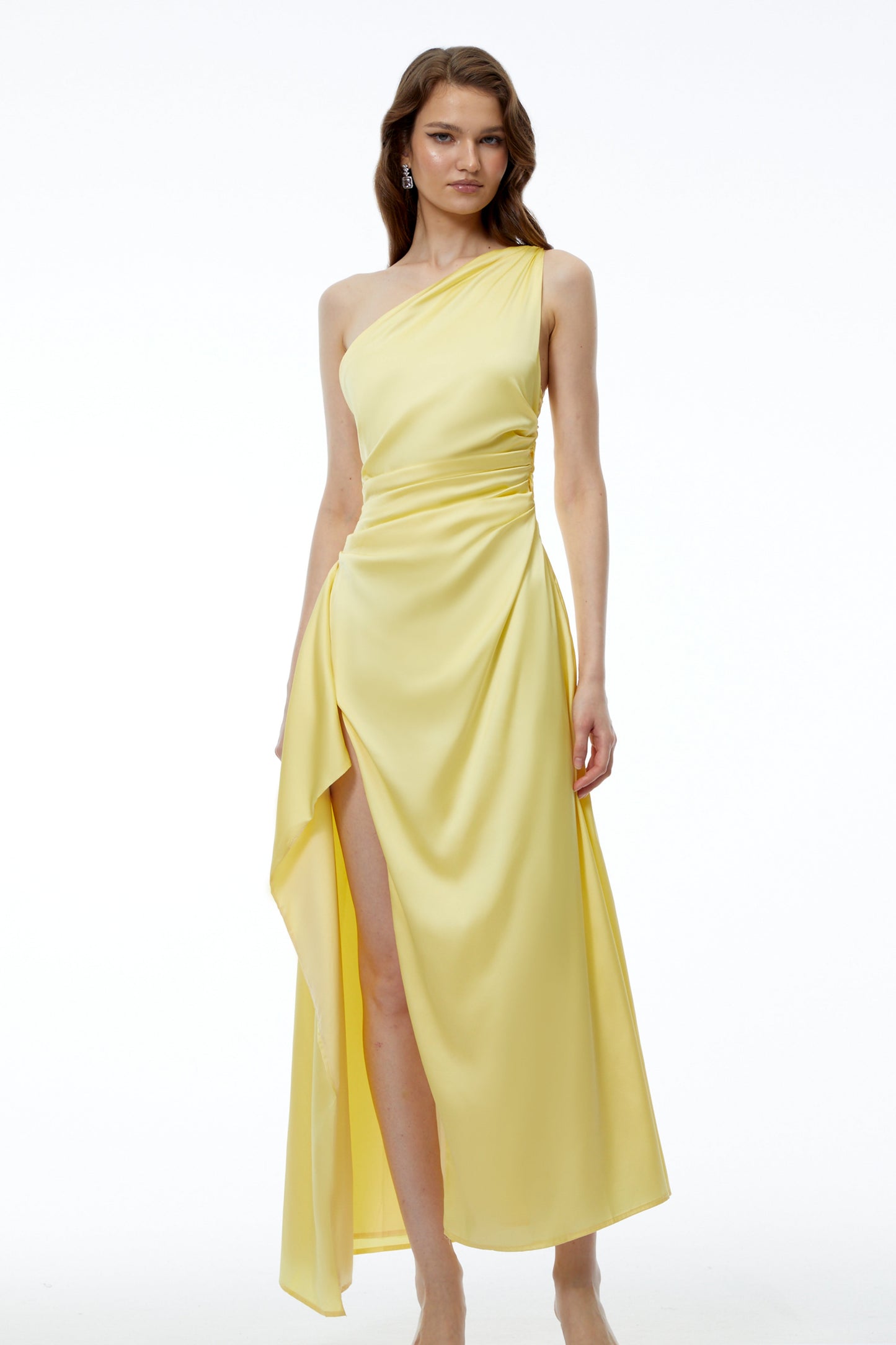 Fahire Yellow One Shoulder Maxi Dress with High Slit