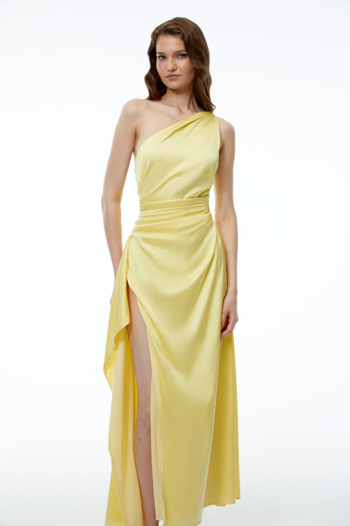 Fahire Yellow One Shoulder Maxi Dress with High Slit