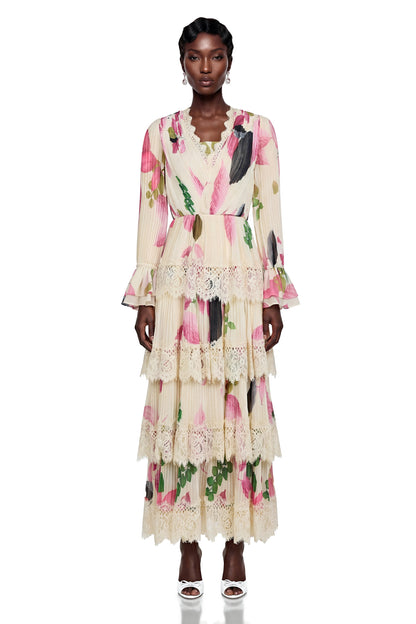 Farnaz Cream Floral Print Maxi Dress with Lace Trim