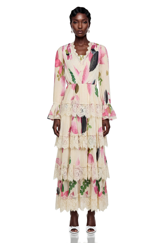 Farnaz Cream Floral Print Maxi Dress with Lace Trim