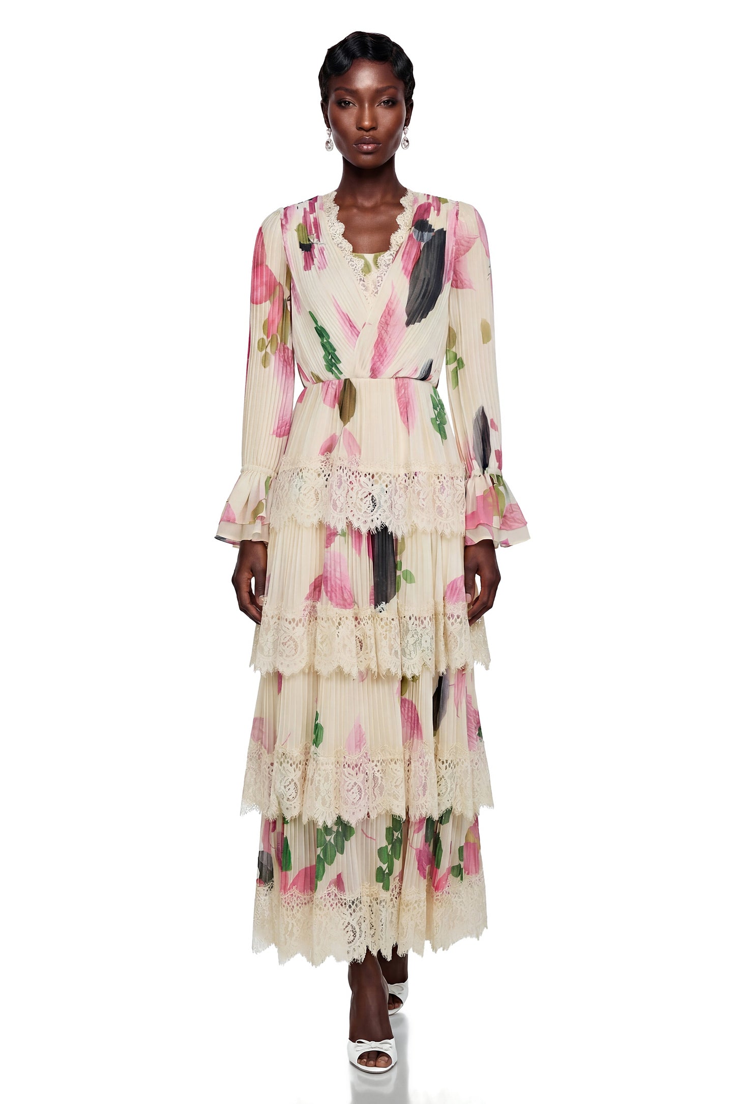 Farnaz Cream Floral Print Maxi Dress with Lace Trim