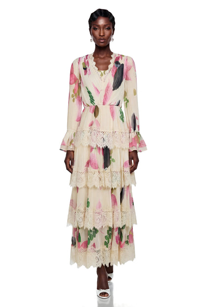 Farnaz Cream Floral Print Maxi Dress with Lace Trim