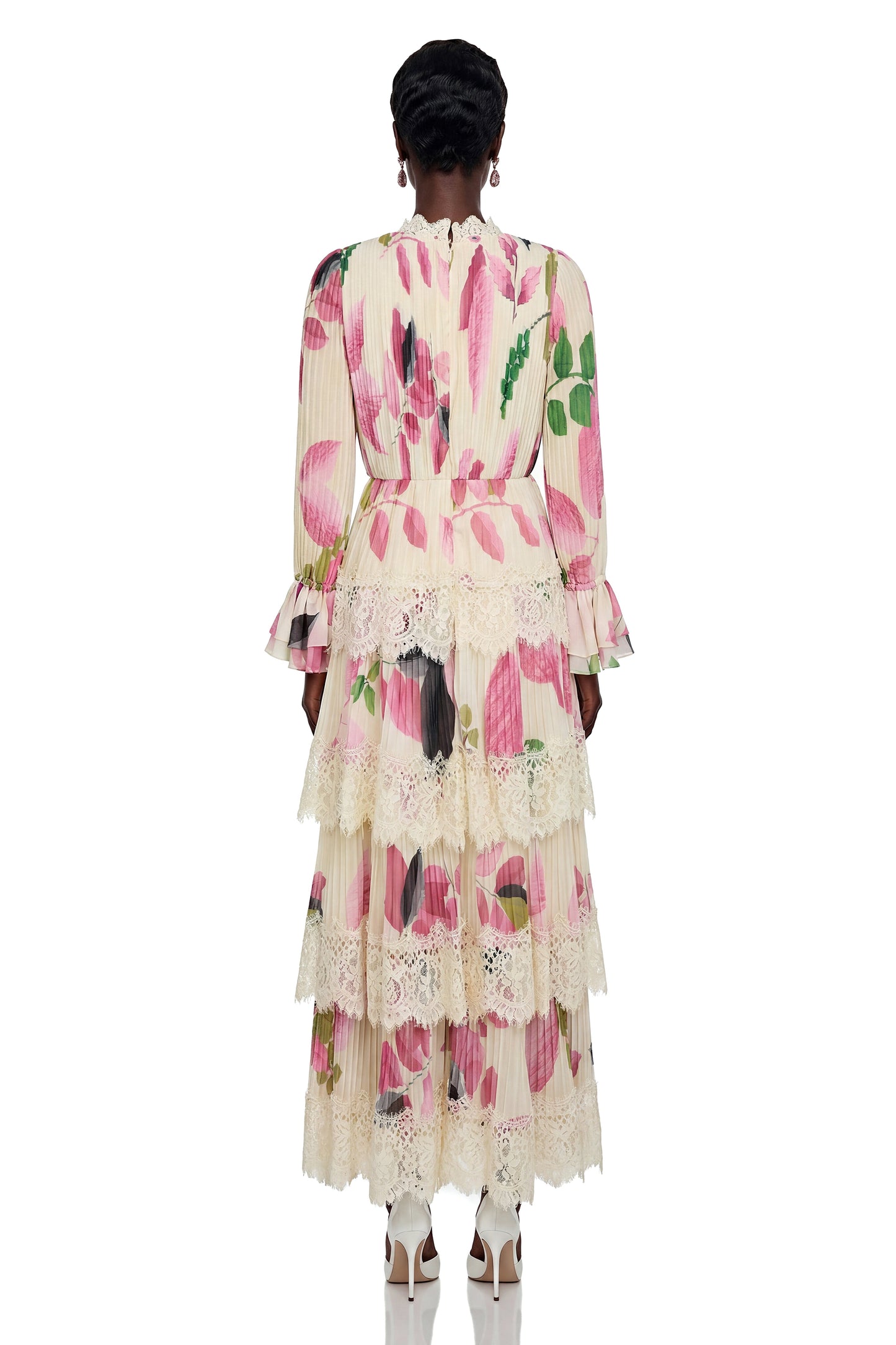 Farnaz Cream Floral Print Maxi Dress with Lace Trim