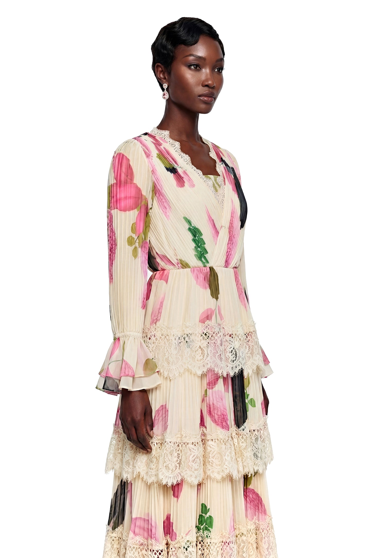 Farnaz Cream Floral Print Maxi Dress with Lace Trim