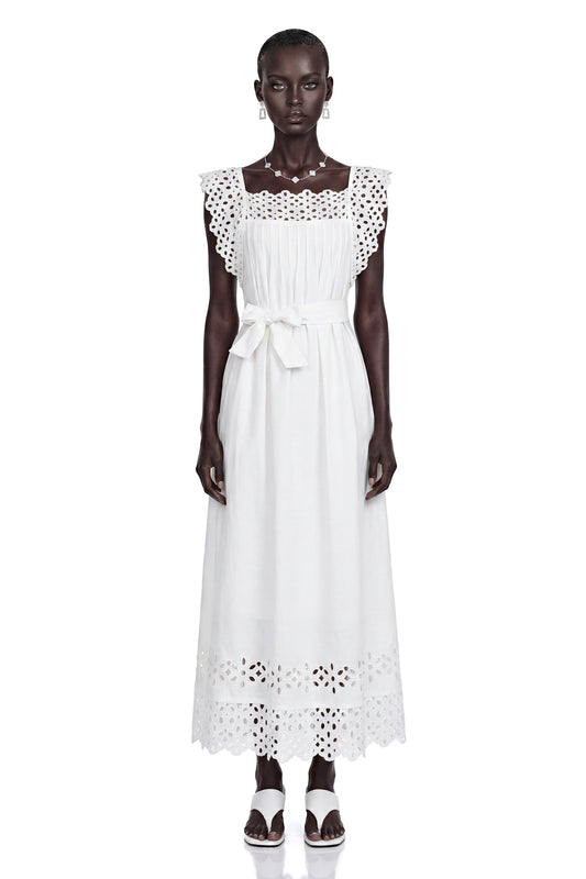 Farrah Beyaz Cut-Out Pileli Maxi Elbise