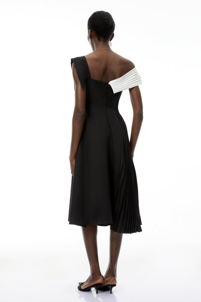 Faustine Black Asymmetrical Color Block Midi Dress