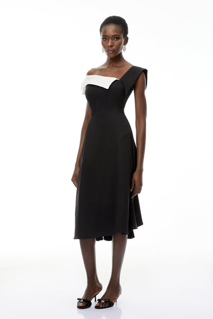 Faustine Black Asymmetrical Color Block Midi Dress