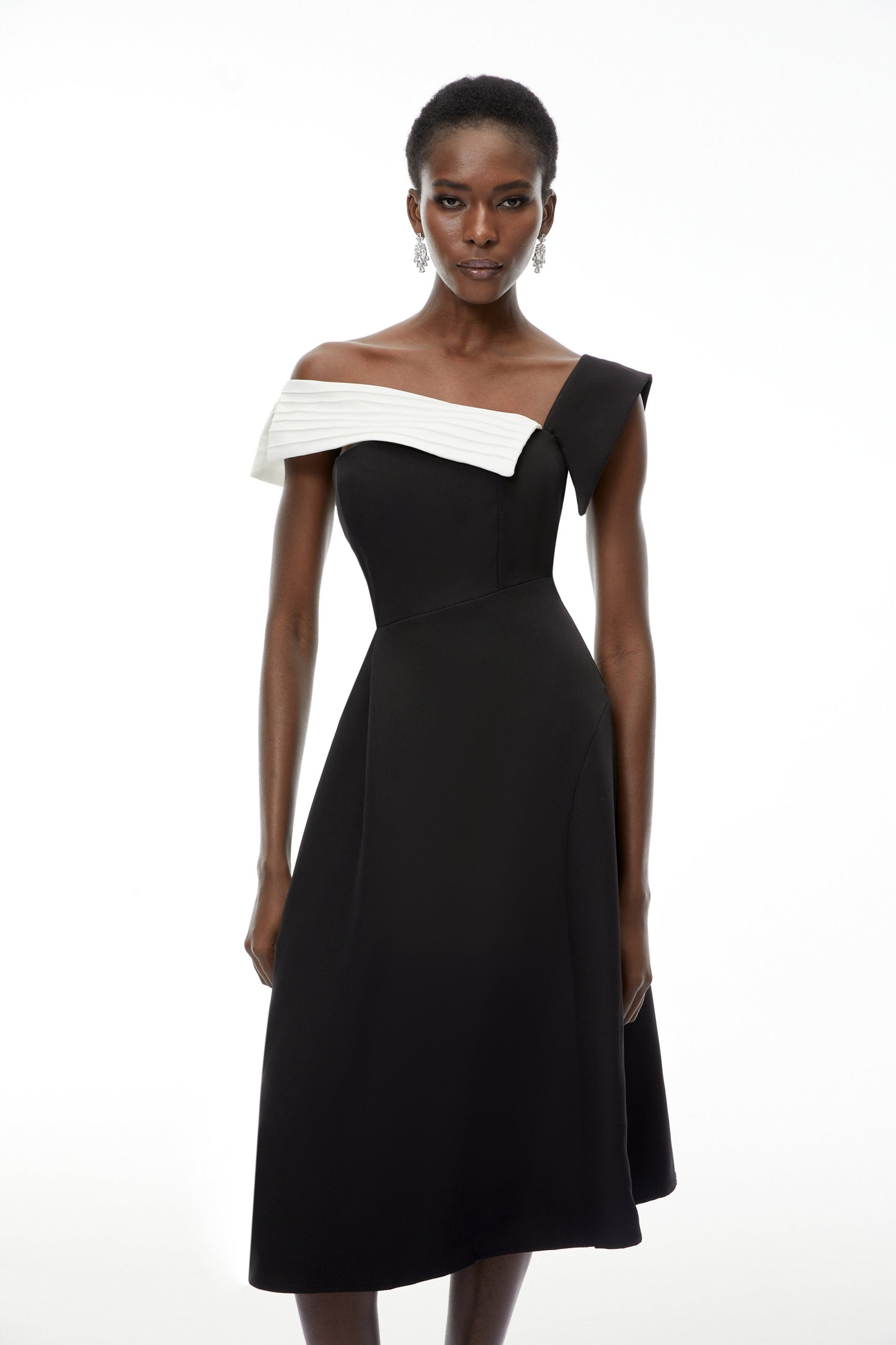 Faustine Black Asymmetrical Color Block Midi Dress