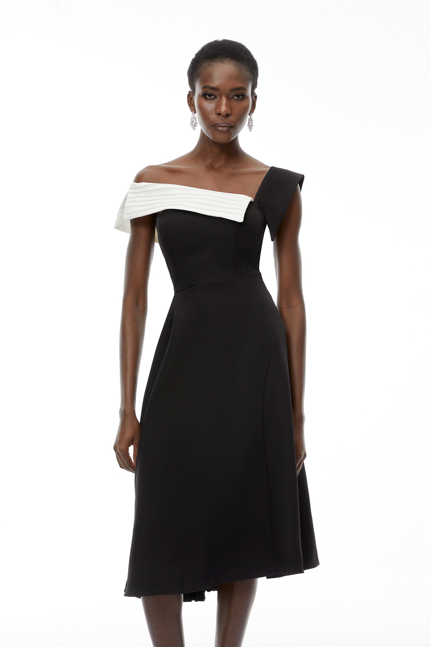 Faustine Black Asymmetrical Color Block Midi Dress