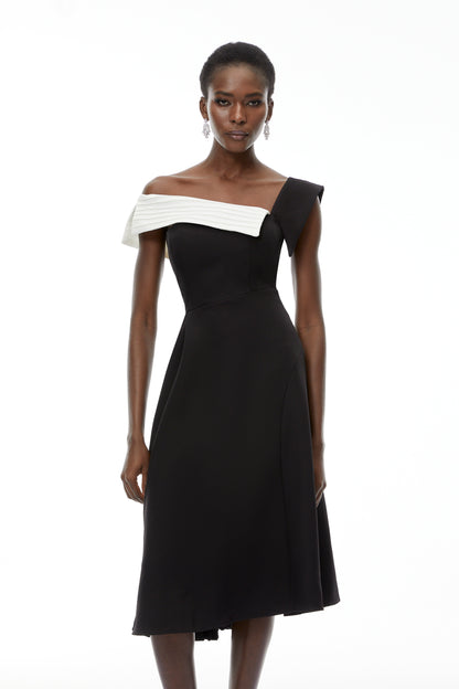 Faustine Black Asymmetrical Color Block Midi Dress