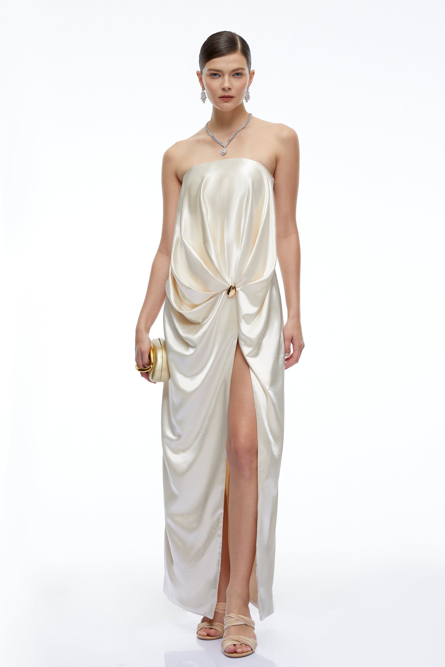 Faustine Champagne Satin Strapless Maxi Dress with Slit