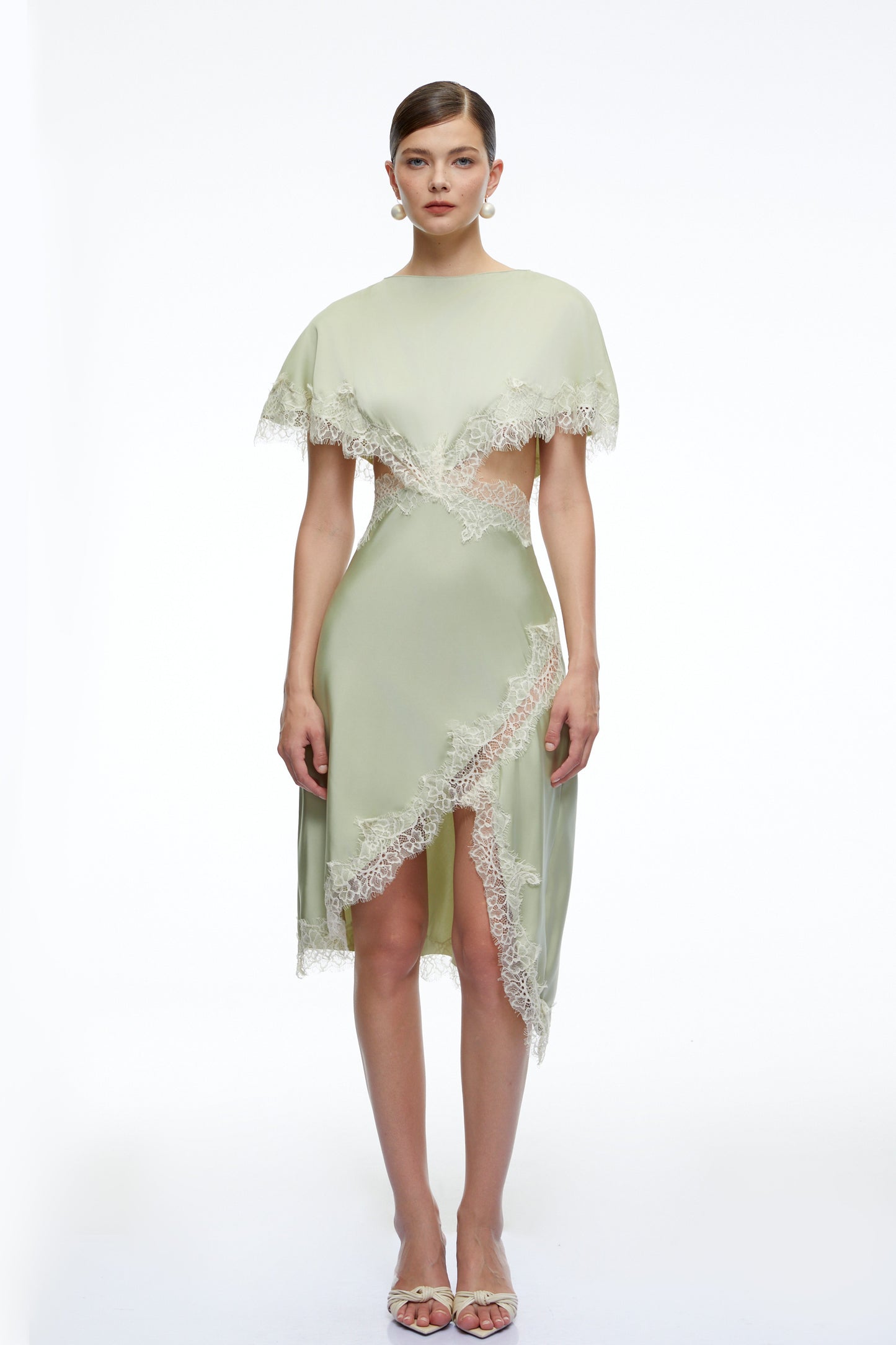 Faye Green Asymmetrical Midi Dress With Lace Trim