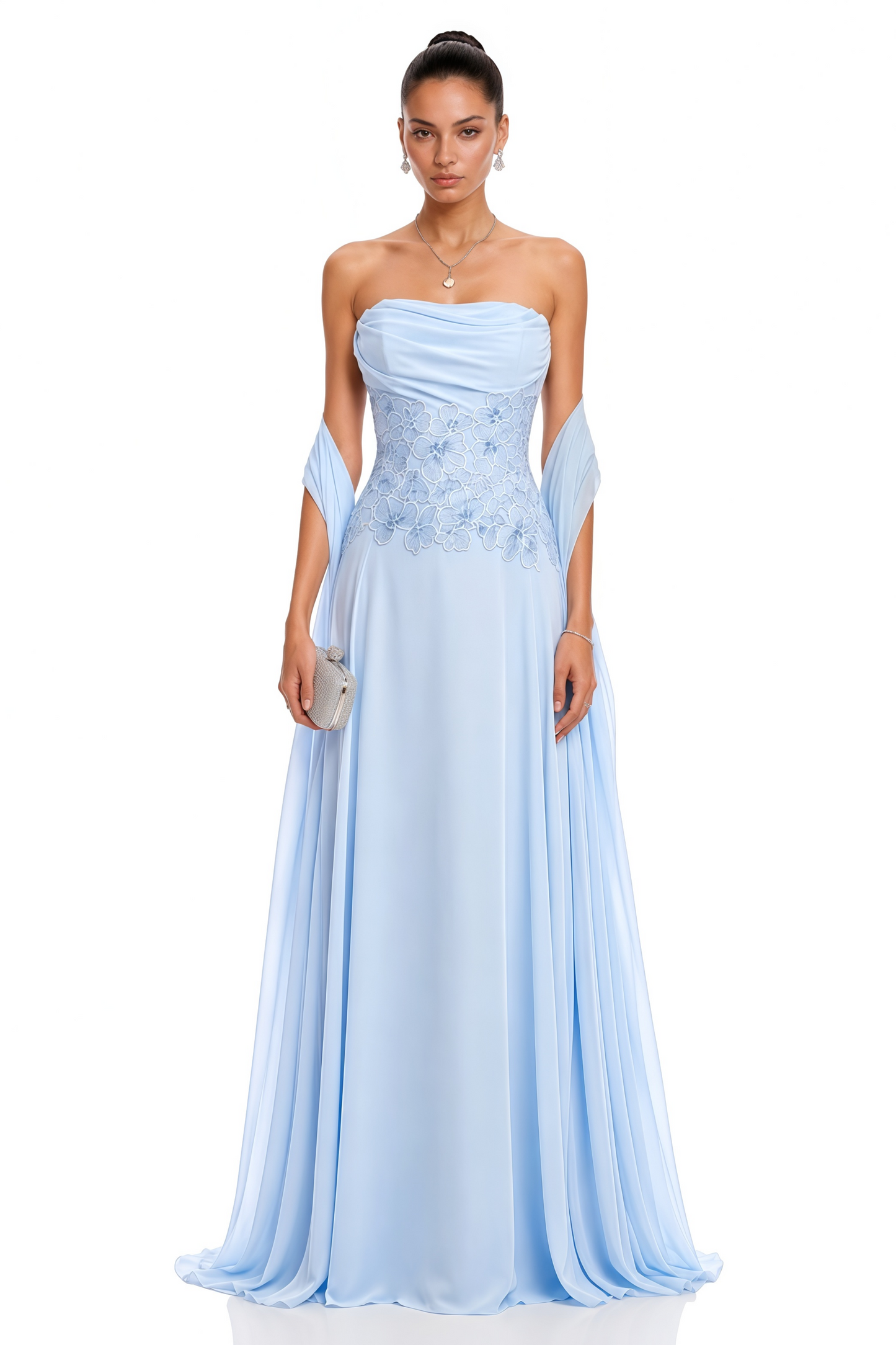 Felicie Blue Ruched Maxi Dress With Cape