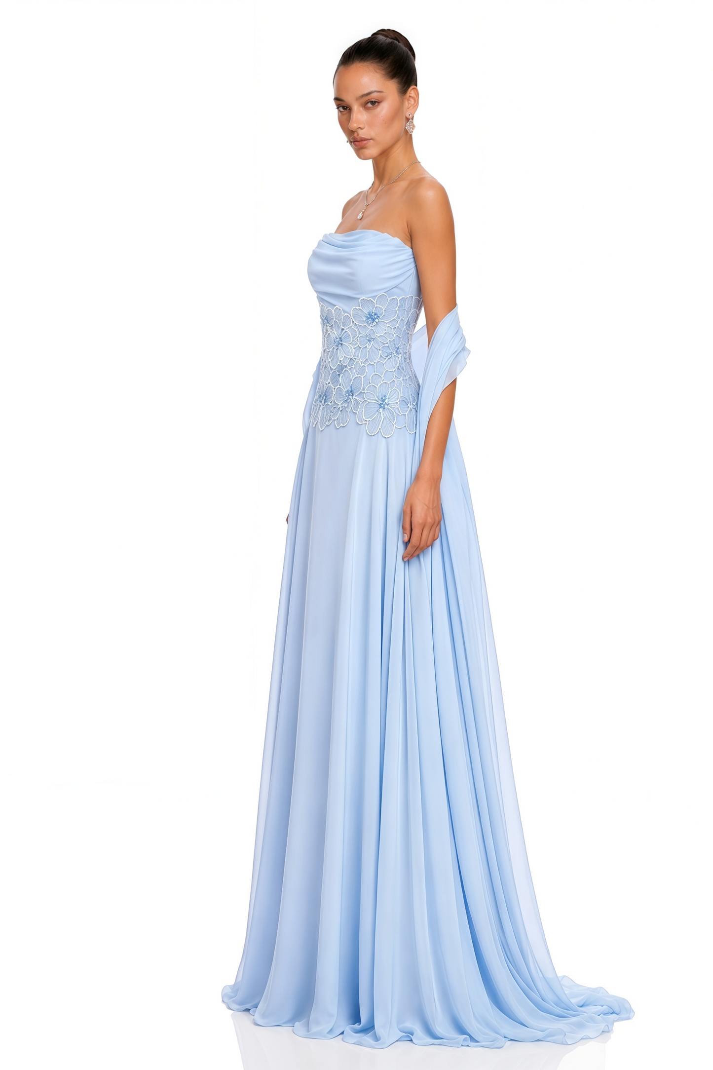 Felicie Blue Ruched Maxi Dress With Cape