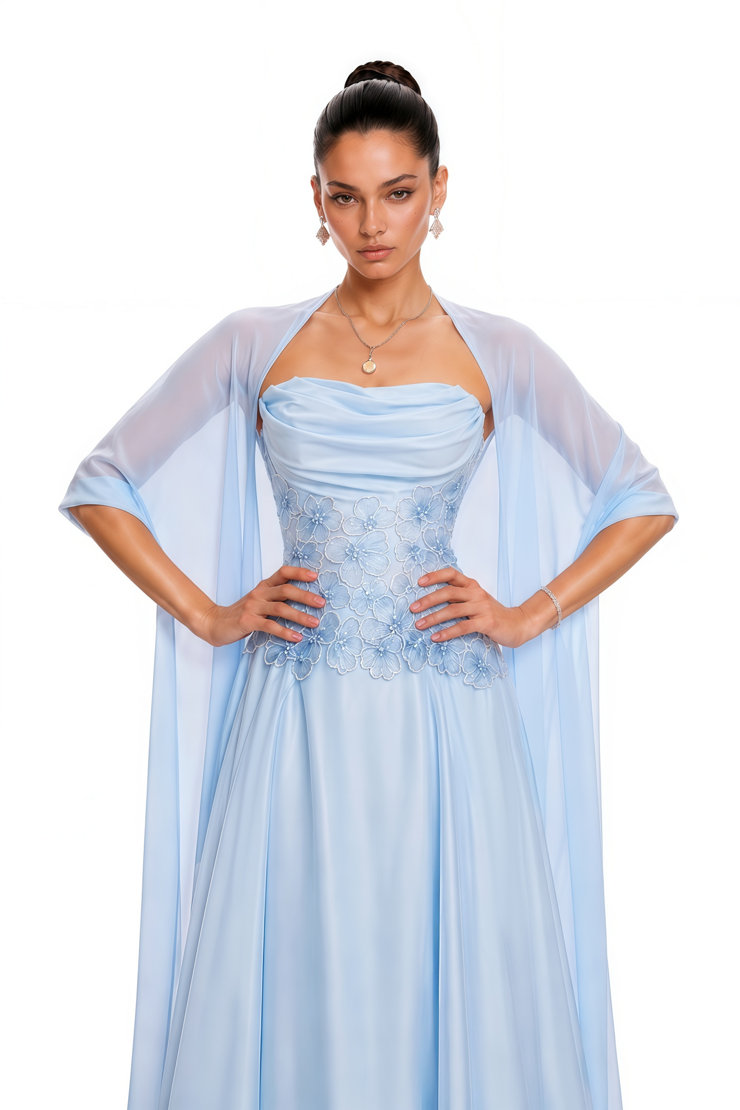 Felicie Blue Ruched Maxi Dress With Cape