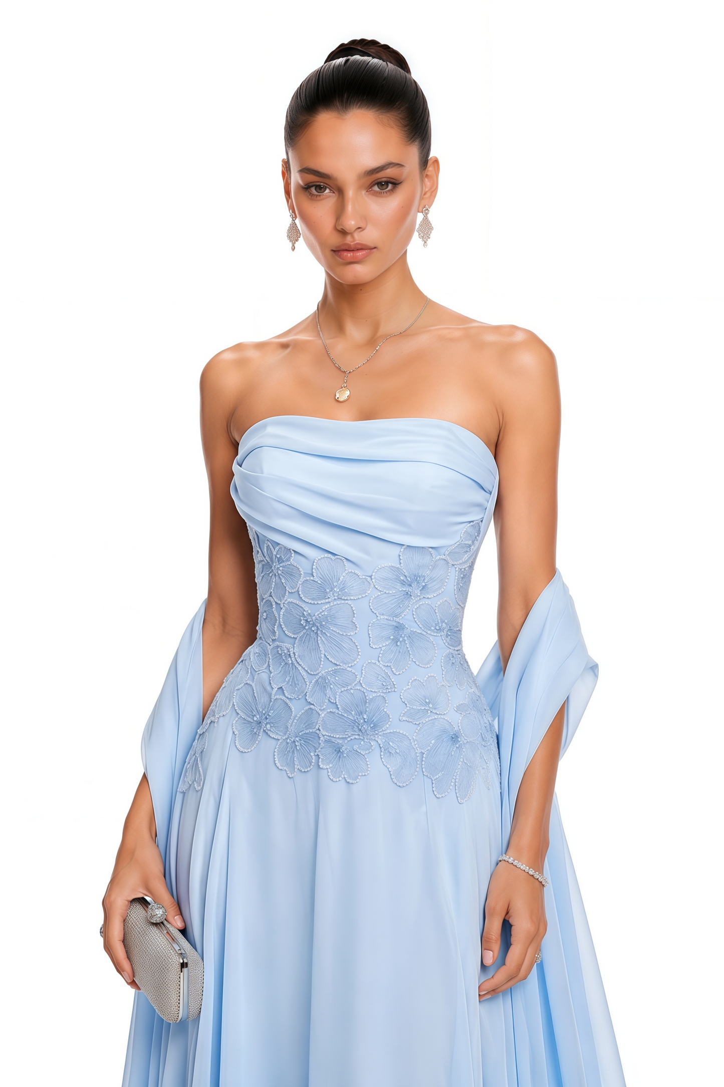 Felicie Blue Ruched Maxi Dress With Cape