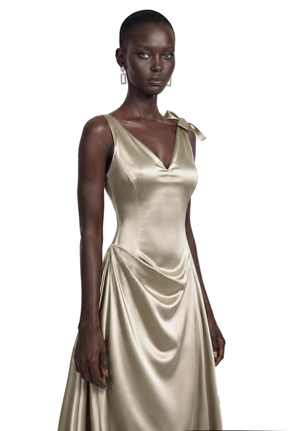 Felicity Taupe Satin V-Neck Ruched Flared Midi Dress