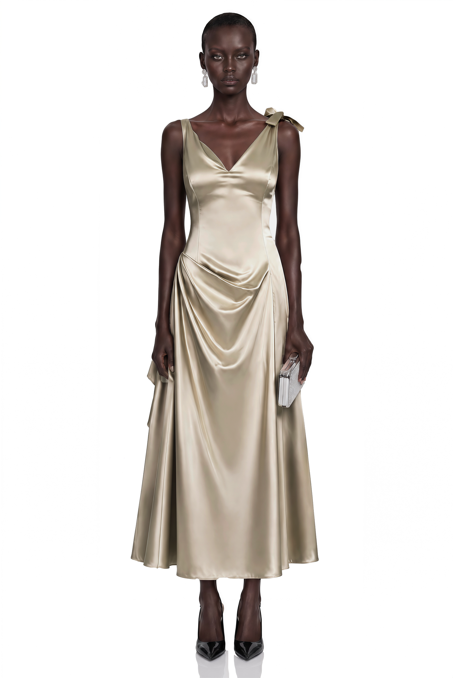 Felicity Taupe Satin V-Neck Ruched Flared Midi Dress