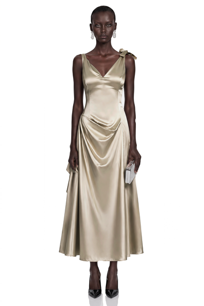 Felicity Taupe Satin V-Neck Ruched Flared Midi Dress