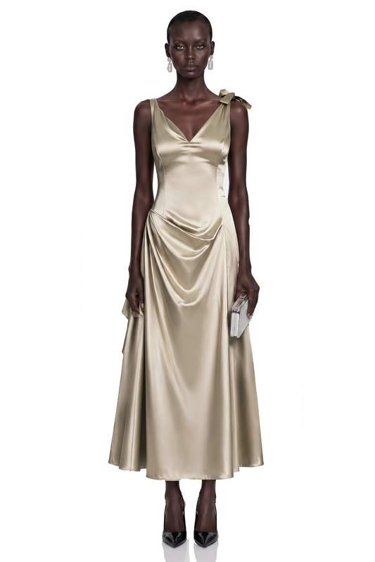 Felicity Taupe Saten V Yaka Dantelli Kloş Midi Elbise