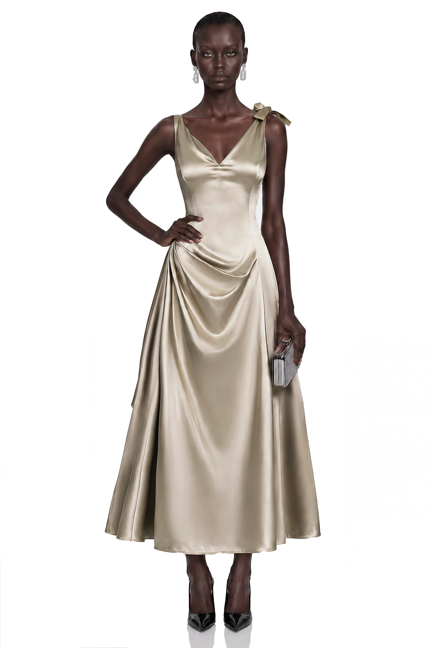 Felicity Taupe Satin V-Neck Ruched Flared Midi Dress