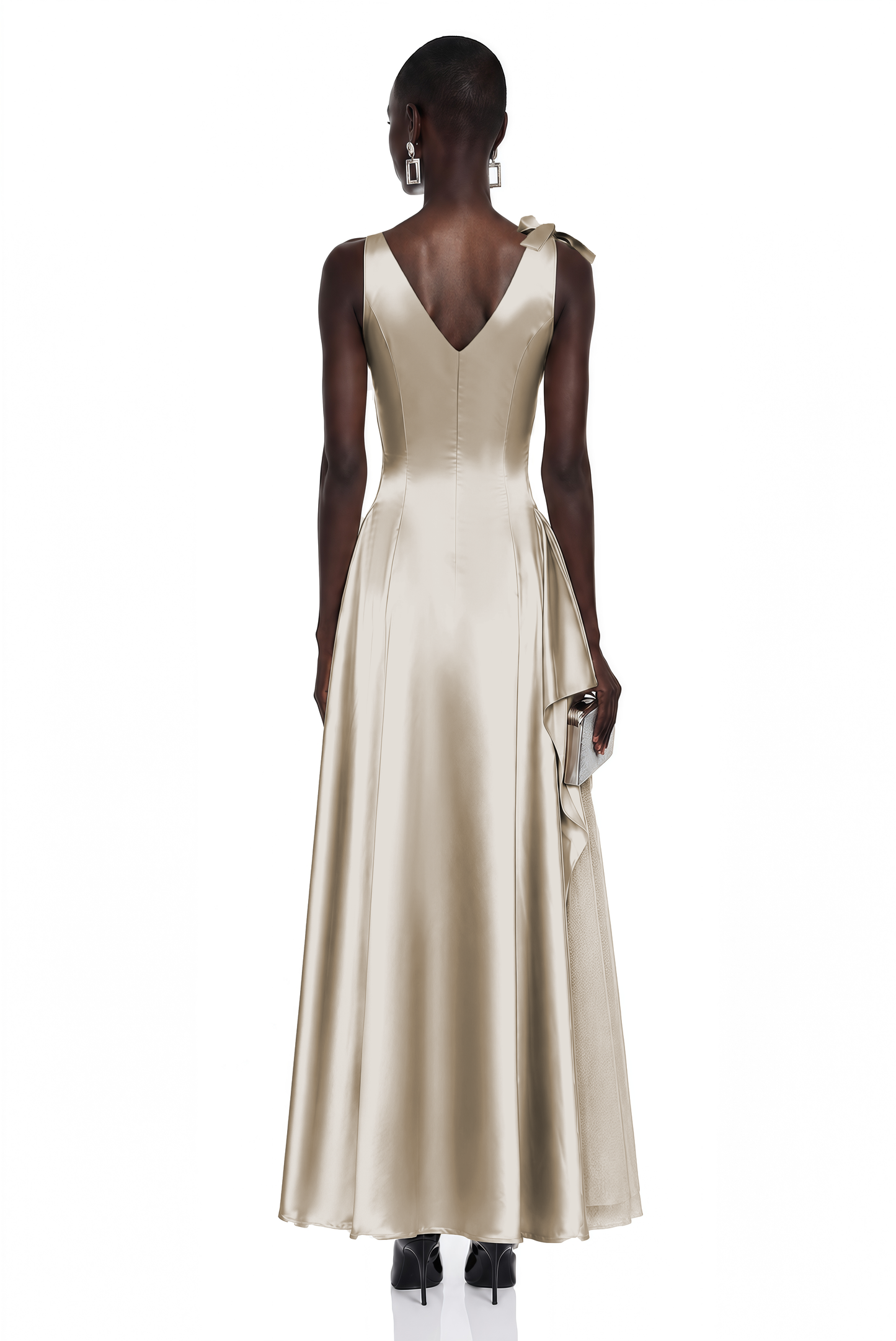 Felicity Taupe Satin V-Neck Ruched Flared Midi Dress