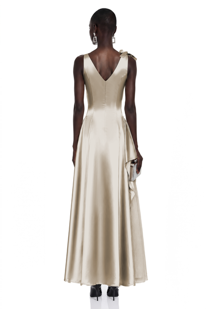 Felicity Taupe Satin V-Neck Ruched Flared Midi Dress