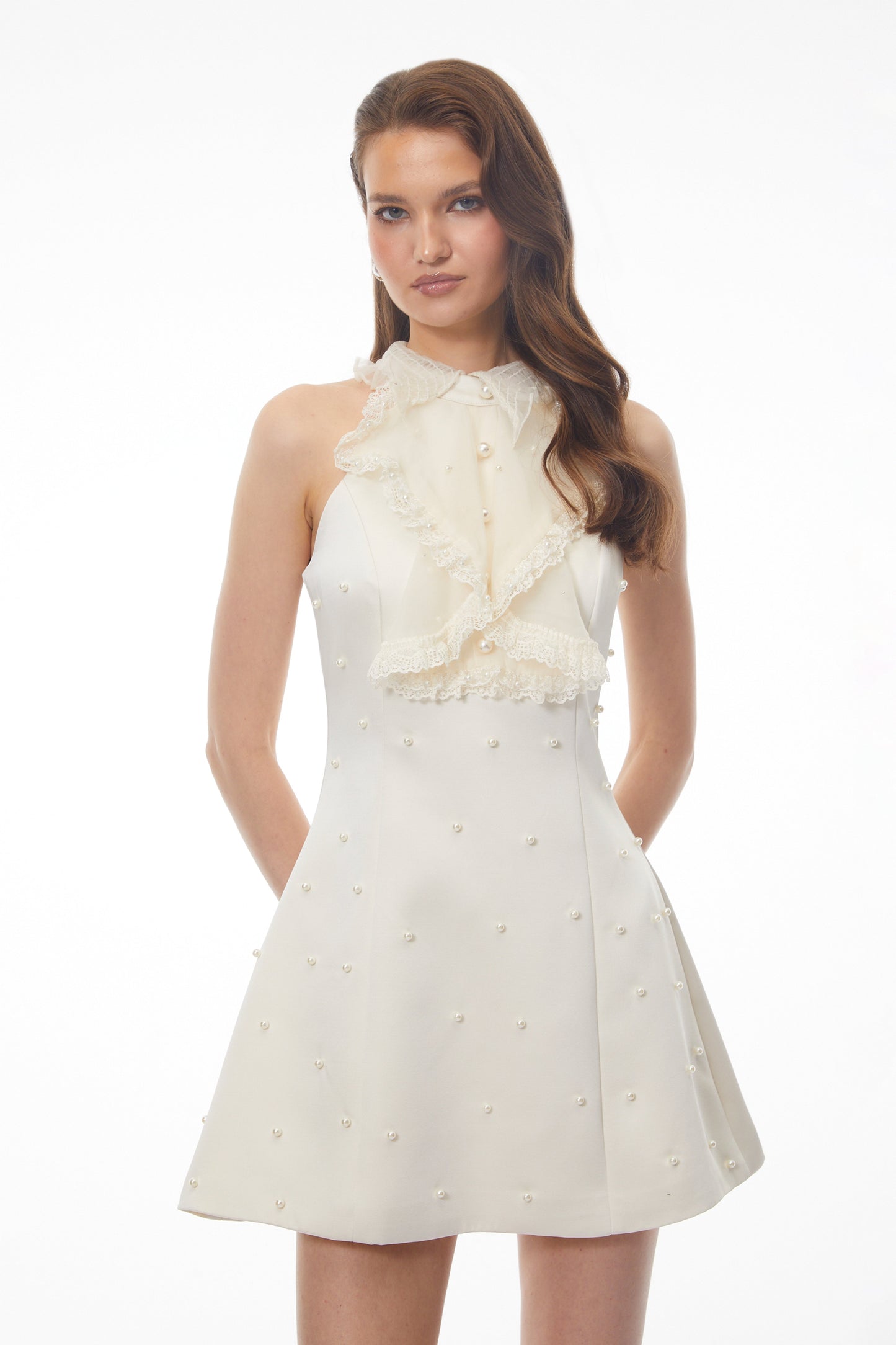 Felicity White Halterneck Mini Dress with Lace Panels