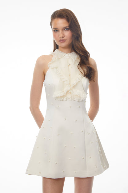 Felicity White Halterneck Mini Dress with Lace Panels