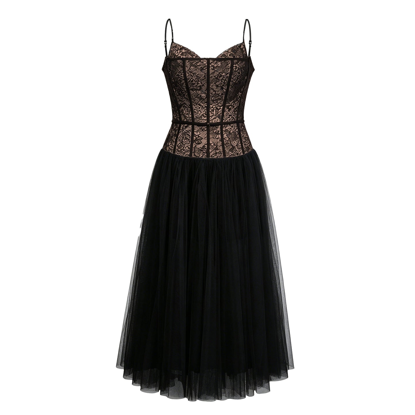 Feriha Black Lace Corset Pleated Midi Dress