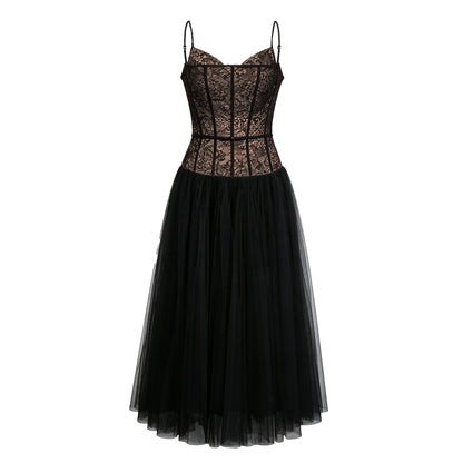 Feriha Black Lace Corset Pleated Midi Dress