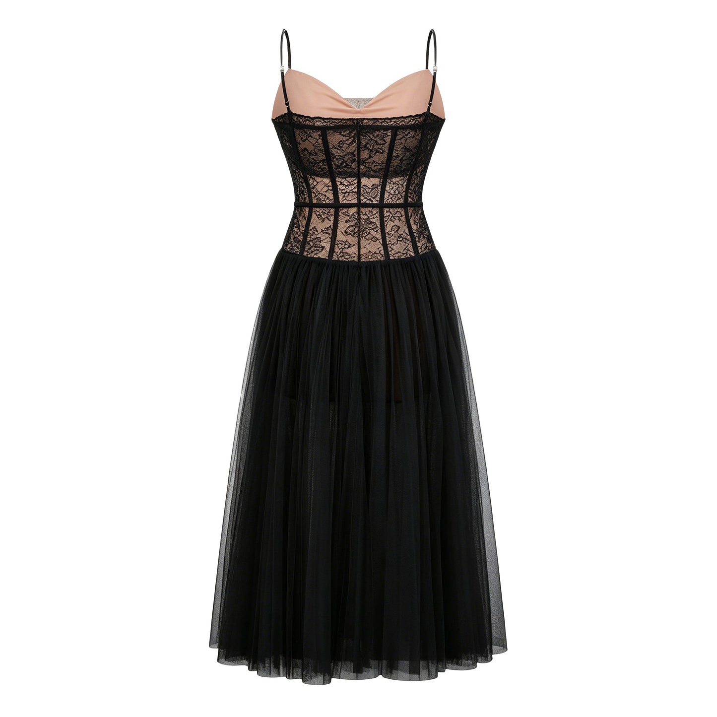Feriha Black Lace Corset Pleated Midi Dress