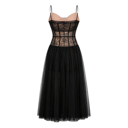 Feriha Black Lace Corset Pleated Midi Dress