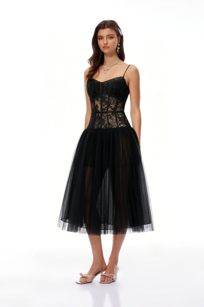 Feriha Black Lace Corset Pleated Midi Dress