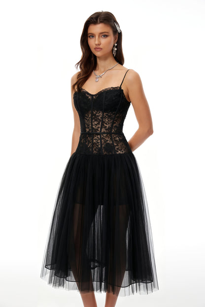 Feriha Black Lace Corset Pleated Midi Dress