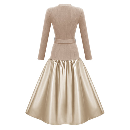 Fern Gold Satin Panel Knit Midi Dress