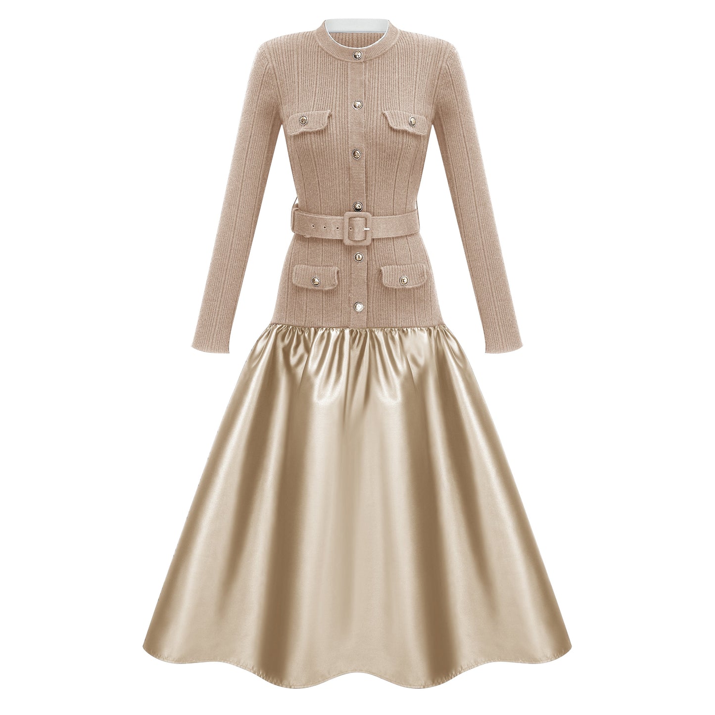 Fern Gold Saten Panelli Triko Midi Elbise