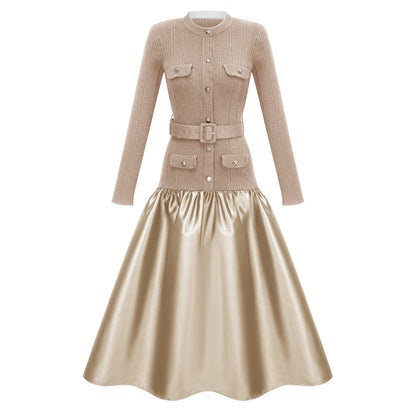 Fern Gold Saten Panelli Triko Midi Elbise