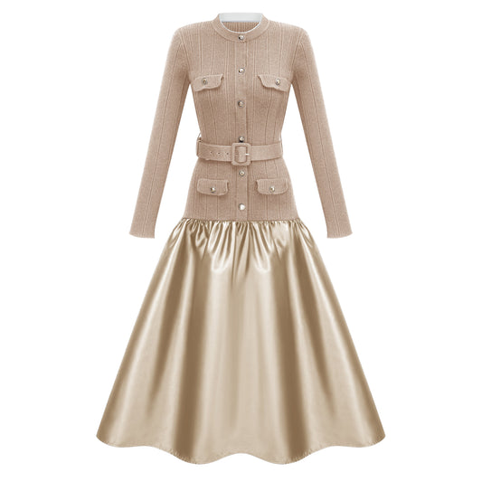 Fern Gold Saten Panelli Triko Midi Elbise