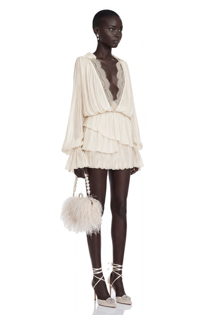 Fernanda Cream Ruched Mini Dress with Lace Trim