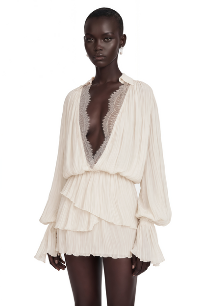 Fernanda Cream Ruched Mini Dress with Lace Trim