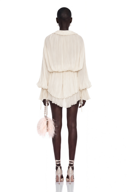 Fernanda Cream Ruched Mini Dress with Lace Trim