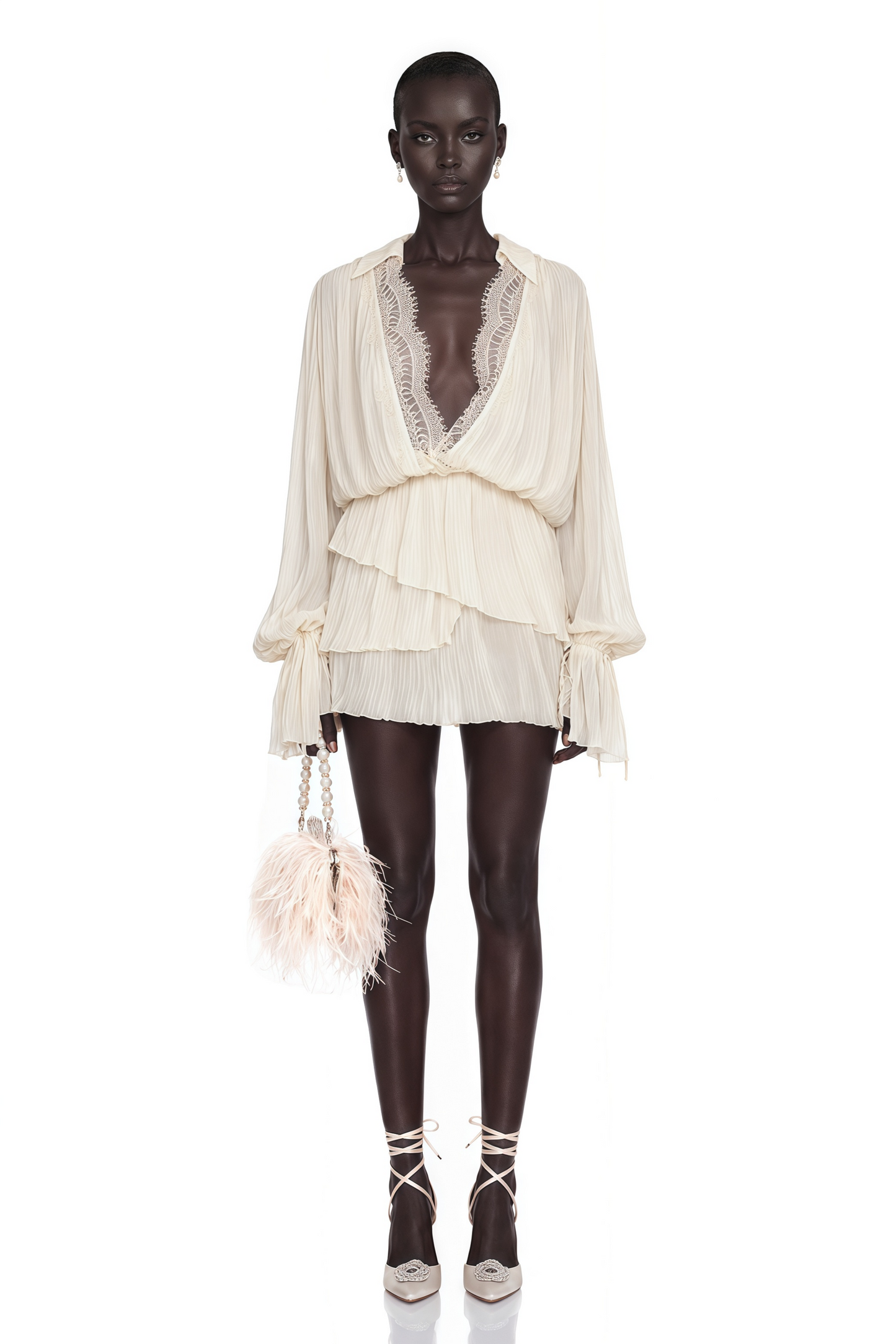 Fernanda Cream Ruched Mini Dress with Lace Trim