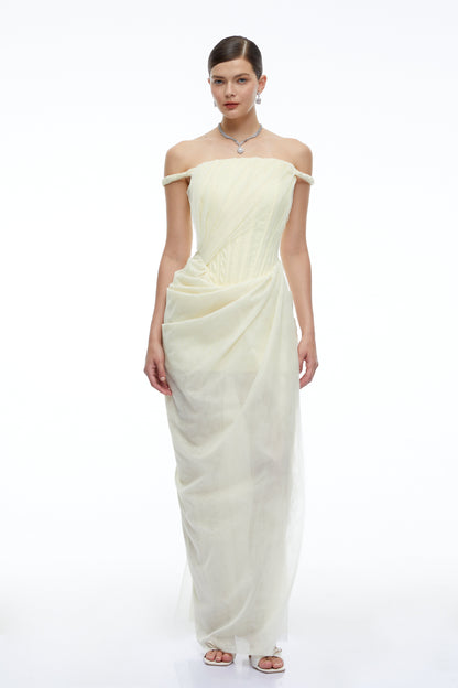 Finley Yellow Off Shoulder Ruched Bodycon Maxi Dress