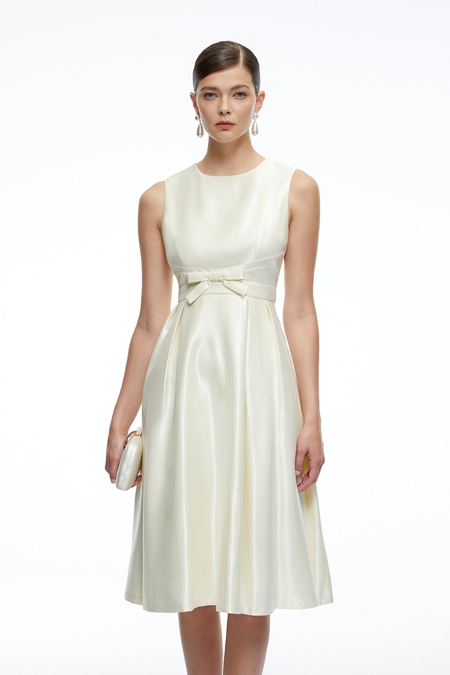 Fiora White Sleeveless A-Line Midi Dress with Bow